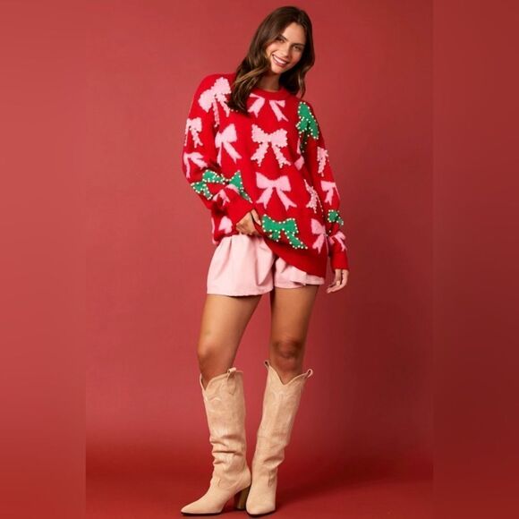 900. PEARL AND BOW EMBELLISHED SWEATER - Picture 2 of 11